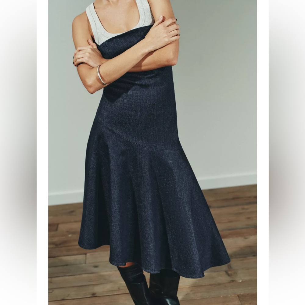 Zara NWT dark denim blue asymmetric hem strapless tube midi dress - Picture 6 of 13
